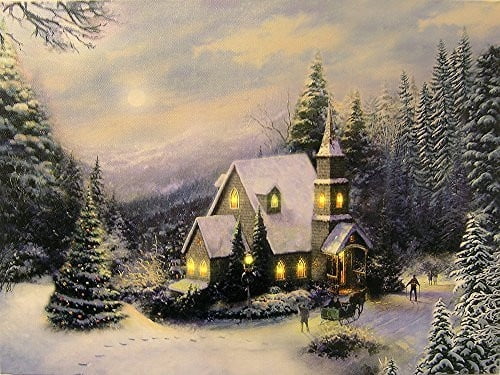 Lighted Snowy Church Christmas Canvas Print with LED Lights - 11.75" x 15.75"