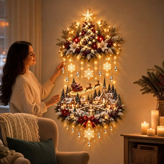 Lighted Christmas Wall Decor, 23.62" Hanging Christmas Tree with Village Scene & Cascading Warm Lights, Prelit Snowflake Garland for Living Room Entryway Stairs, 1 Count