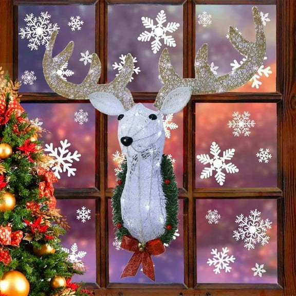 Lighted Christmas Wall Decor Reindeer Head, 28" Pre-Lit 3D Deer Head Hanging Wreath with Battery Operated, 8 Modes & Timer, Light Up for Front Door Window Indoor Outdoor Festive Xmas Holiday