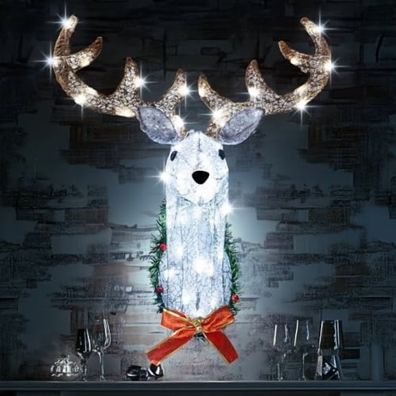 Lighted Christmas Wall Decoration Reindeer Head, 32" 3D Battery Operated Rudolph Hanging Wreath with 8 Modes, Light Up Christmas Decor for Outdoor Indoor Front Door Window Xmas$$Garden &