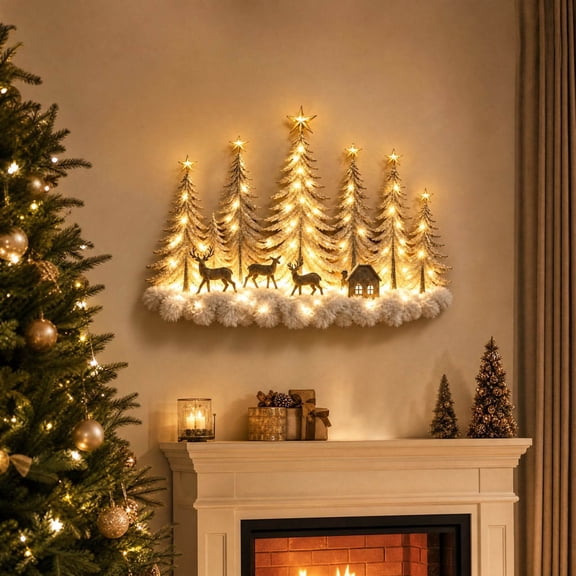 Lighted Christmas Wall Hanging Decor, Wooden Snow Flocked Tree Scene with Reindeer & Cabin, Warm LED Lights, 12 x 16 In, Fireplace Mantel & Tabletop Holiday Display