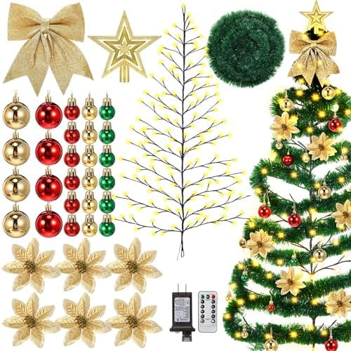 Lighted Christmas Wall Tree 5ft 144 LED 8 Mode Remote Control Hanging Tree Light with Xmas Ball Bow Star Green Stripe Garland Poinsettias Without Battery Half for Living Room Xmas Wall Decor