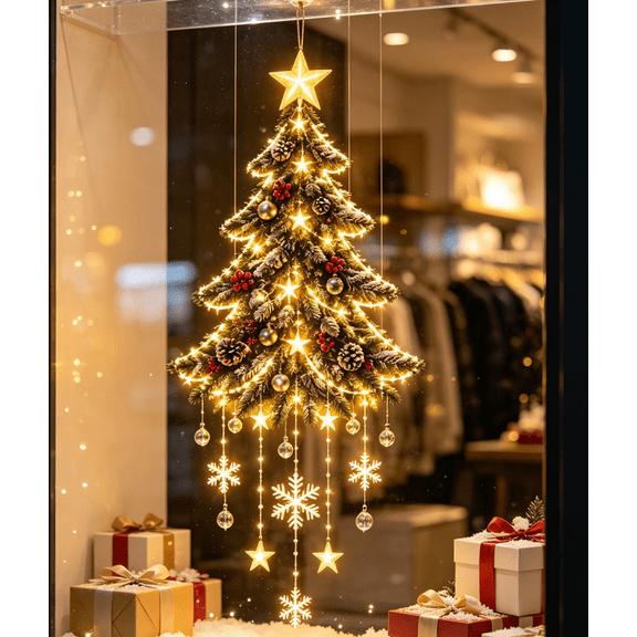 Lighted Christmas Wall Tree, Glowing Starfall Hanging Decoration for Door Wall Window, Easy to Hang Plastic Decor, 1PC