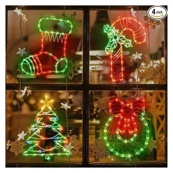 Lighted Christmas Window Decorations 4 Pack - Candy Cane, Wreath, Stocking & Tree - Indoor Holiday Lights for Home, Party, Garden - 16 Inch Window Silhouettes