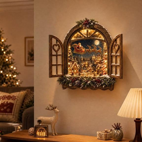 Lighted Christmas Window Wall Decor, Santa Sleigh Winter Village Scene Hanging Art, Pre-lit Festive Display for Indoor Holiday Xmas Home