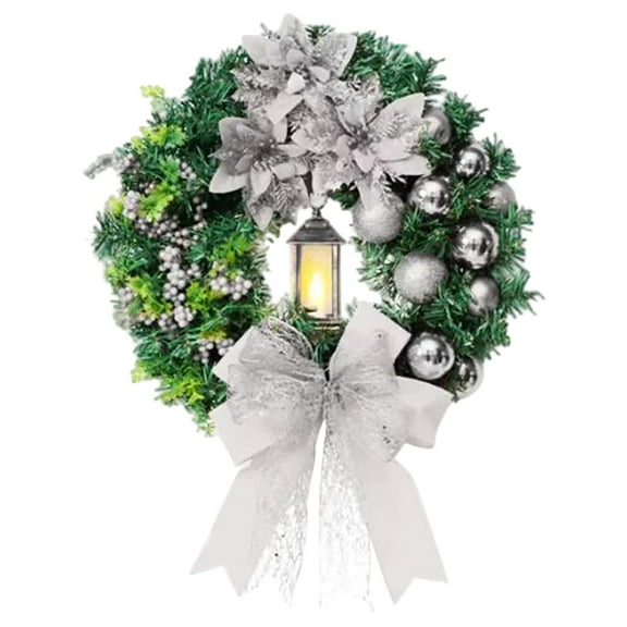 Lighted Christmas Wreath, Artficial Christmas Wreaths for Front Door with White Bow and Ball Ornaments, Christmas Wreath with Lights for Indoor Outdoor Home Wall Decor, 11.8",13.8",15.7"