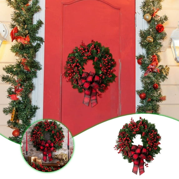 Lighted Christmas Wreath – Prelit Pine and Red Berry Front Door Wreath, Battery-Operated Holiday Wreath with Plaid Bow Indoor Outdoor Xmas Decor