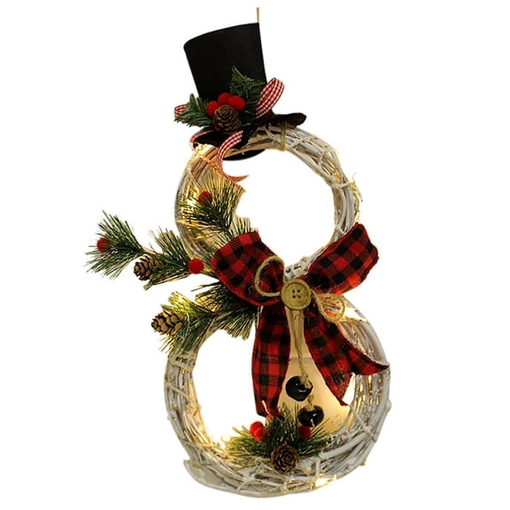 Lighted Christmas Wreath, Red Black Buffalo Plaid Snowman Shaped Rattan Wreath, 1 Pack with Pine Cones Berries Decor, for Front Door Home Window Wall Christmas Holiday Festival Decoration