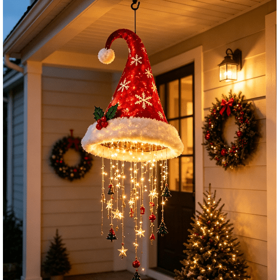 Lighted Classic Snowflake Santa Hat Hanging Chandelier, Warm LED Christmas String Light, Indoor Covered Outdoor Porch Holiday Decor for Xmas Party