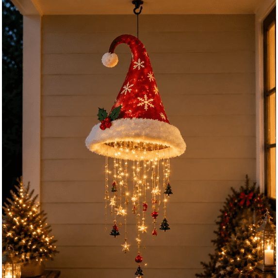 Lighted Classic Snowflake Santa Hat Hanging Chandelier, Whimsical Christmas LED Hanging Light, Festive Wall Porch Ornament for Holiday Gathering