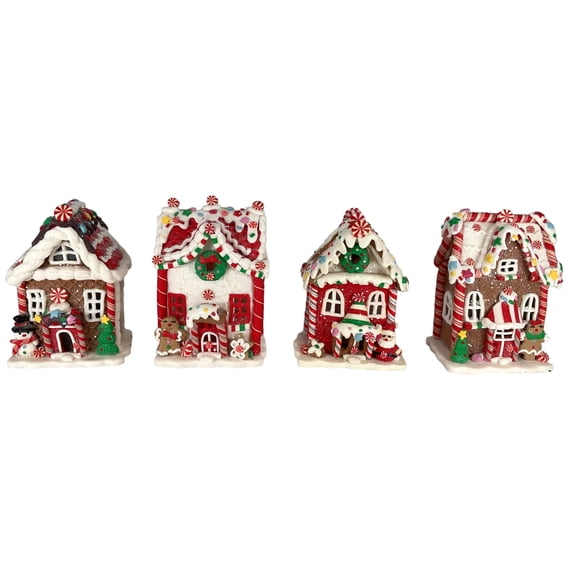 Lighted Claydough Gingerbread Houses Christmas Figurines 5.5 Inch 4 Piece Set