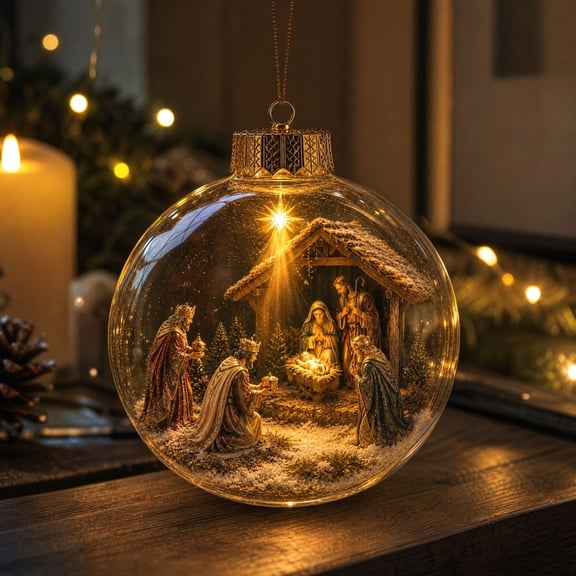Lighted Clear Christmas Globe Ornament, 2D Nativity Scene Hanging Bauble, Glowing Story Ball Decoration for Christmas Tree Holiday Home Decor (#13)