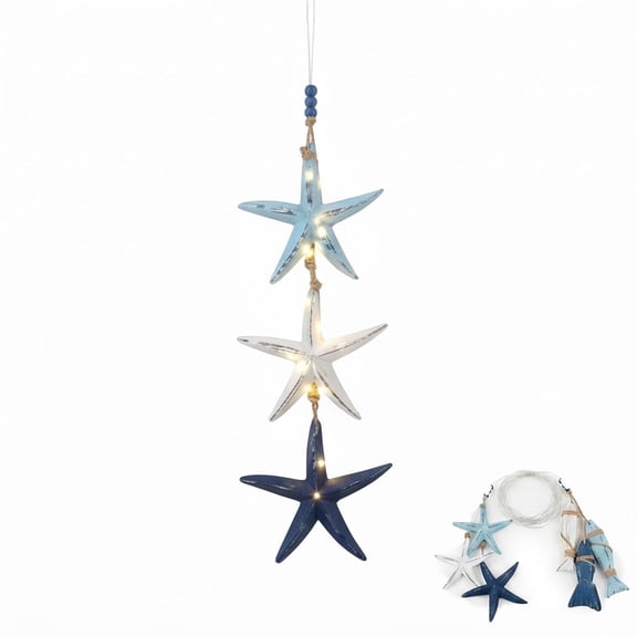 Lighted Coastal Wooden Starfish & Fish Hanging Decor, 23.2 in x 6.7 in Nautical Beach Wall Hanging Ornament with LED String Lights, Rustic Ocean Theme Door Decor for Living Room, Porch, Home Decor