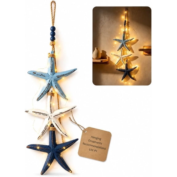 Lighted Coastal Wooden Starfish and Fish Hanging Decor, Coastal Nautical Beachy Wall Art Hanging, Mediterranean Ocean Theme Bathroom Pendant with Warm LED for Bathroom Porch House Restaurant Door