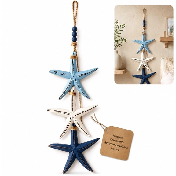 Lighted Coastal Wooden Starfish & Fish Hanging Decor, Coastal Nautical Beachy Wall Art Hanging, Mediterranean Ocean Theme Bathroom Pendant with Warm LED for Bathroom Porch House Restaurant Door