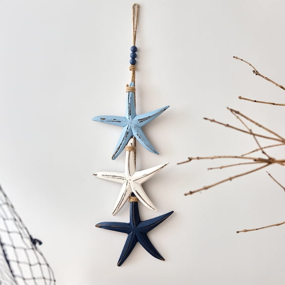 Lighted Coastal Wooden Starfish & Fish Hanging Decor, Nautical Beach Wall Hanging Ornament with LED String Lights, Rustic Ocean Theme Door Decor for Living Room, Porch, Home Decor (Starfish)