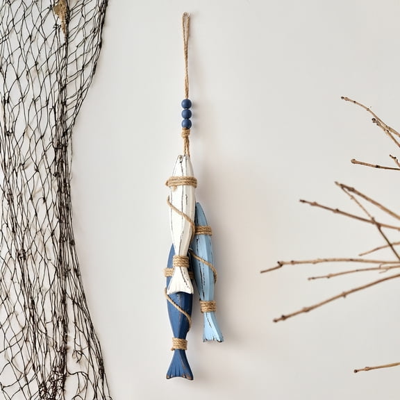 Lighted Coastal Wooden Starfish & Fish Hanging Decor, Nautical Beach Wall Hanging Ornament with LED String Lights, Rustic Ocean Theme Door Decor for Living Room, Porch, Home Decor (Fish)