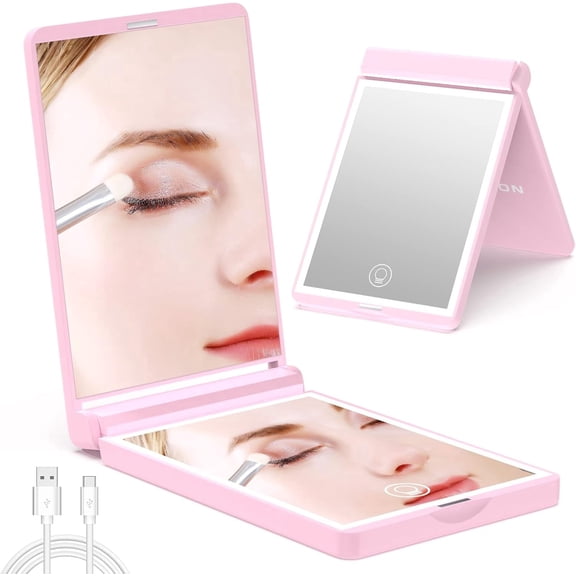 Lighted Compact Mirror, Rechargeable Travel Makeup Mirror with Light,1x/3x Magnifying,300°Flip Folding Portable Mirror, 2-Sided Magnetic Switch Handheld Mirror,Dimmable,Gifts for Girls