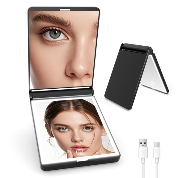 Rechargeable LED Travel Makeup Mirror – 1x/3x Magnifying, Dimmable, Folding, Handheld – Gift for Girls,Black