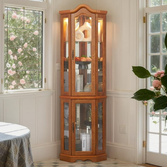 Lighted Corner Curio Cabinet 70.5" Tall Wooden China Cabinet with Tempered Glass Doors, Freestanding Glass Display Case Wine Cabinet Storage Rack for Bar and Liquor Storage (Oak & Style 3)