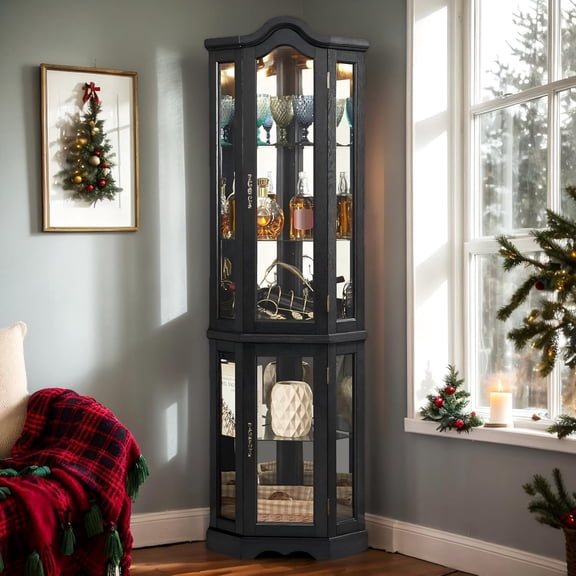 Lighted Corner Curio Cabinet 70.5" Tall Wooden China Cabinet with Tempered Glass Doors, Freestanding Glass Display Case Wine Cabinet Storage Rack for Bar and Liquor Storage (Black)
