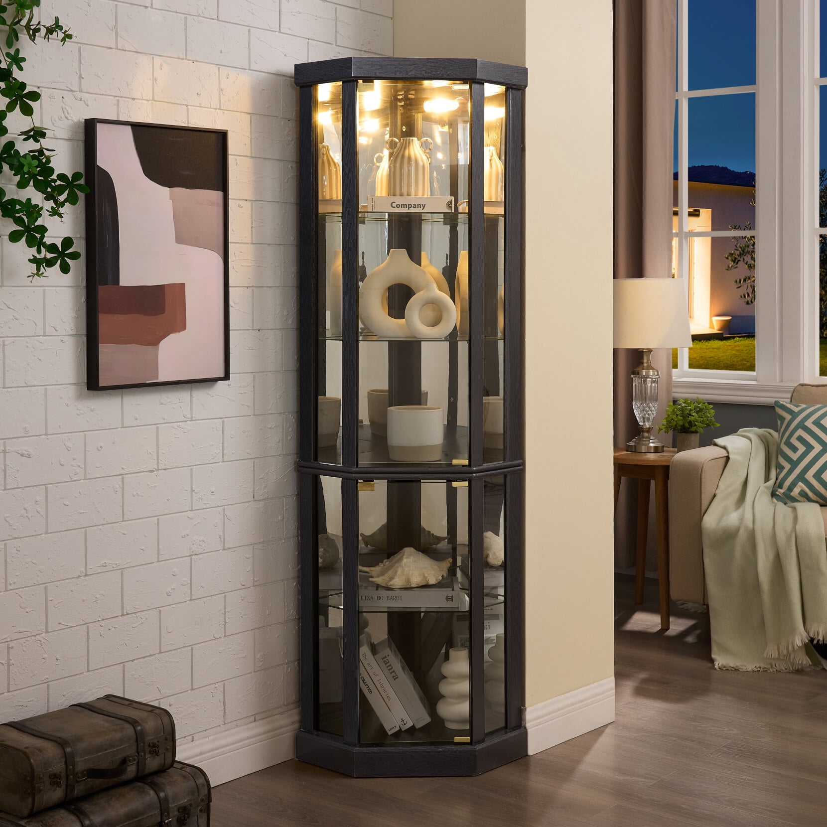Lighted Corner Curio Cabinet,Elegant Glass Display Case with Adjustable Glass Shelves,Wooden Accent Cabinet with Anti Toppling Device,for Antique Collections and Wine,Living Room,Bar,Black