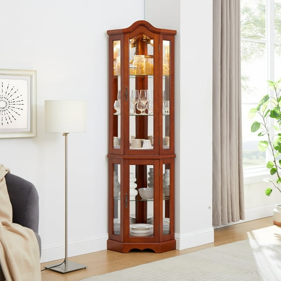 Lighted Corner Curio Cabinet w/Curved Top, Walnut Display Case w/Adjustable Glass Shelves, Mirrored Back