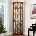 thumbnail image 1 of Lighted Corner Curio Cabinet with Adjustable Shelves, Tempered Glass Doors, Bulb Included, Wooden Display Cabinet for Living Room, 1 of 17