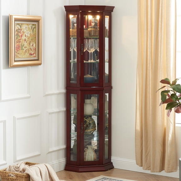 Lighted Corner Curio Cabinet with Mirrored Back / Showcase Figurines and Vintage Books