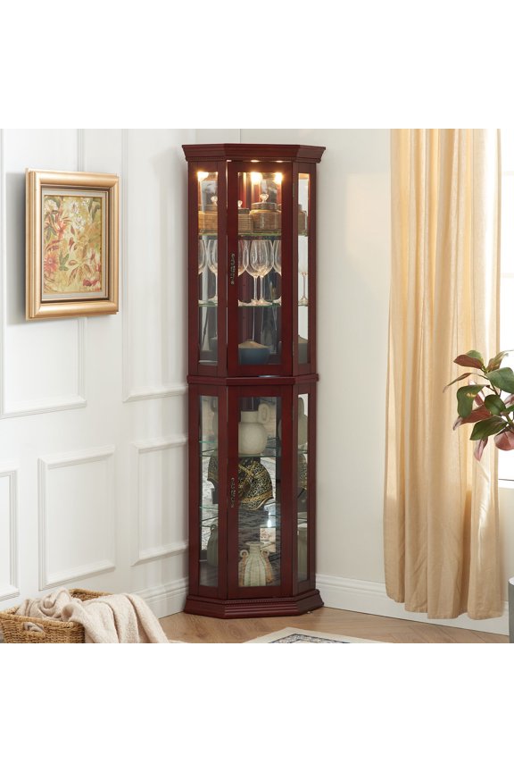 Lighted Corner Curio Cabinet with Mirrored Back / Showcase Figurines and Vintage Books