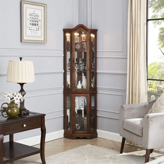 Lighted Corner Display Curio Cabinet, 70'' High Bar and Liquor Storage with Tempered Glass Shelves and Mirrored Back, Glass Display Cabinet with 5 Shelves
