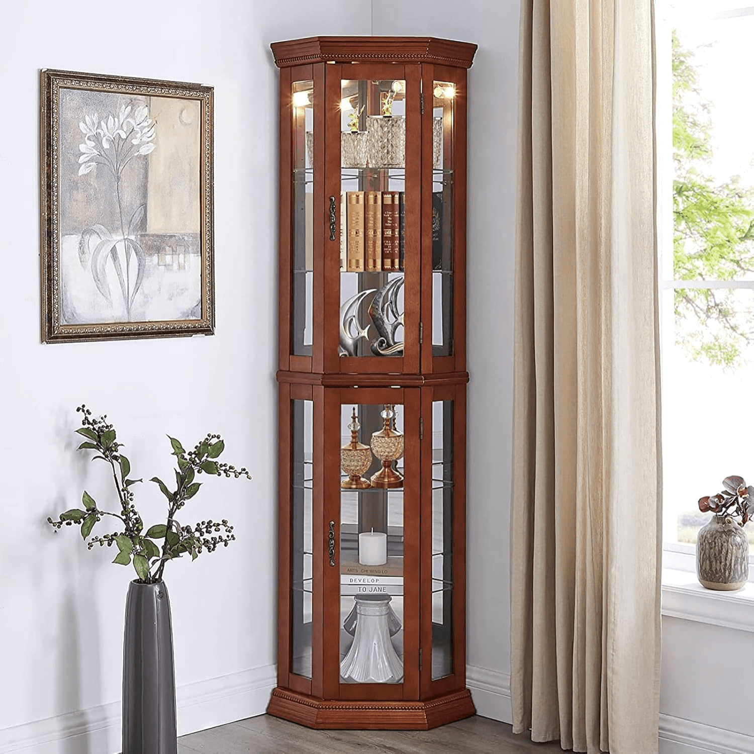 Lighted Corner Display Curio Wooden Curved Shelving Unit with