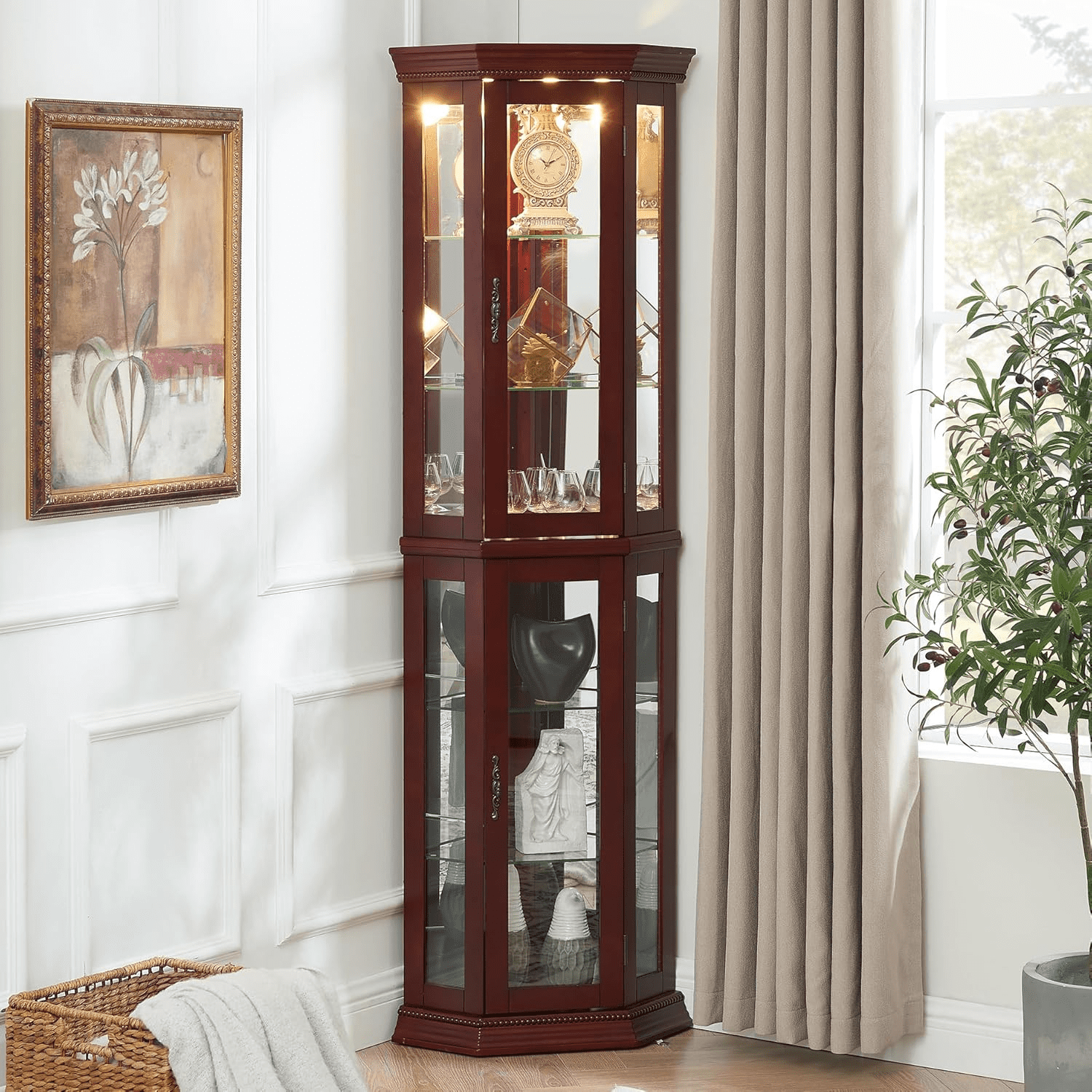 Lighted Corner Display Curio Wooden Curved Shelving Unit with