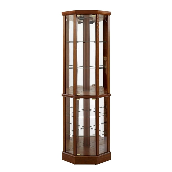 Lighted Corner Display Curio Cabinet with Tempered Glass Door, Wooden Shelving Unit for Bar & Liquor Storage, 6 Shelves - Ashfield Walnut