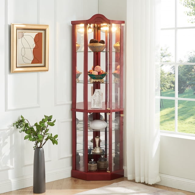 Curio Rounded Top Lighted Corner Display Curved Top Curio Cabinet Wooden Shelving Unit ...
