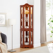 Lighted Corner Shelf - Walnut Adjustable Mirrored Back Curio Display Lights Cabinet