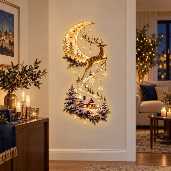 Lighted Crescent Moon Reindeer Christmas Metal Wall Hanging,Lighted ...