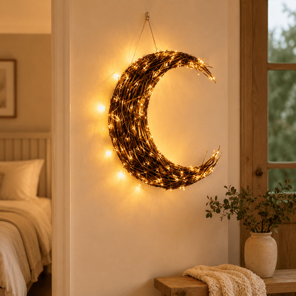 Lighted Crescent Moon Wall Decor With Warm Led Lights Rustic Hanging Door Decoration For Indoor Outdoor Home Display, Window And Entryway Accent Multicolor