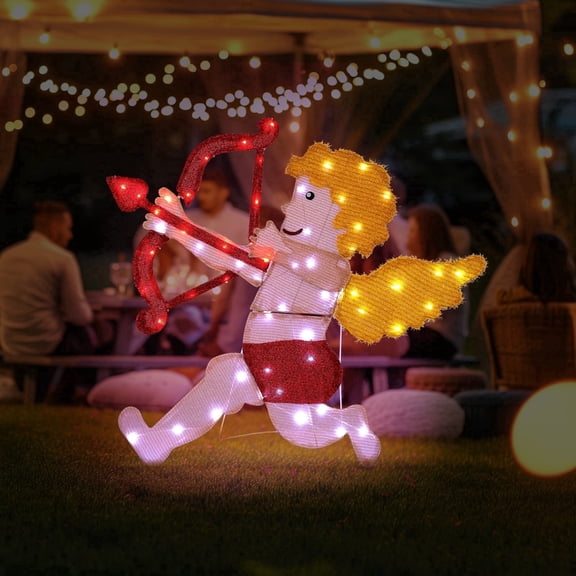 Lighted Cupid Valentine Decoration, 32" x 31", with 57 Warm White LEDs, Battery Operated with Lead Wire and Covered Outdoor Use