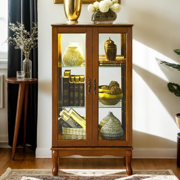 Lighted Curio Cabinet with 3-Tier Adjustable Shelves and Mirrored Back Panel, 44" H Glass Display with Tempered Glass Doors, Wooden China Cabinet for Living Room(E26 Light Bulb not Included)