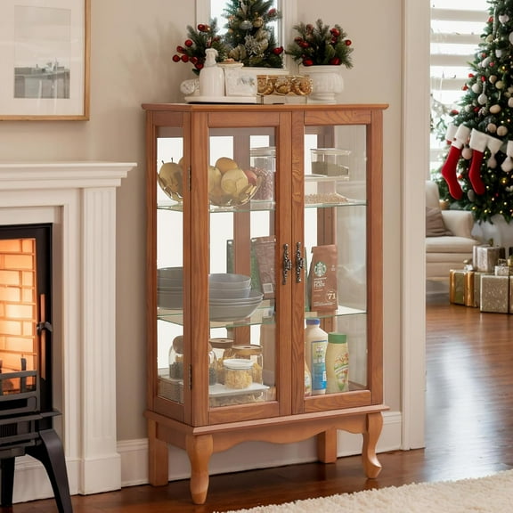 Lighted Curio Cabinet, 44" H Glass Display Cabinet with 3-Tier Adjustable Glass Shelves, China Cabinet with Mirrored Back Panel for Living Room, Light Blub Included (Dark Oak)