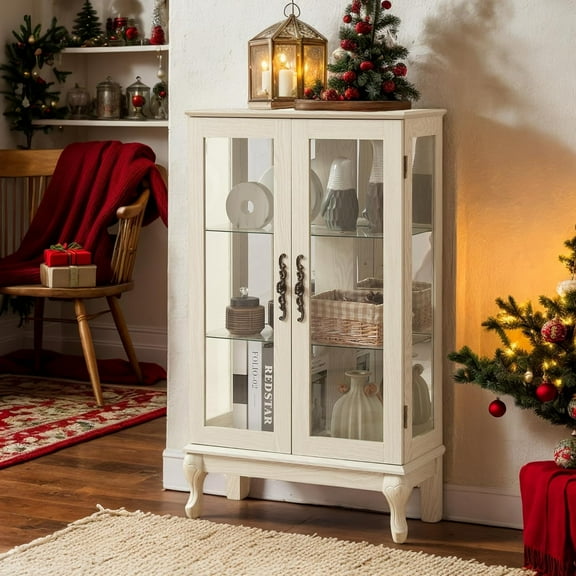 Lighted Curio Cabinet, 44" H Glass Display Cabinet with 3-Tier Adjustable Glass Shelves, China Cabinet with Mirrored Back Panel for Living Room, Light Blub Included(White)