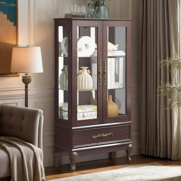 Lighted Curio Cabinet, 52" H Glass Display Cabinet with 3-Tier Adjustable Shelves, China Cabinet with Tempered Glass Doors for Living Room, Light Blub Included (Dark Cherry)