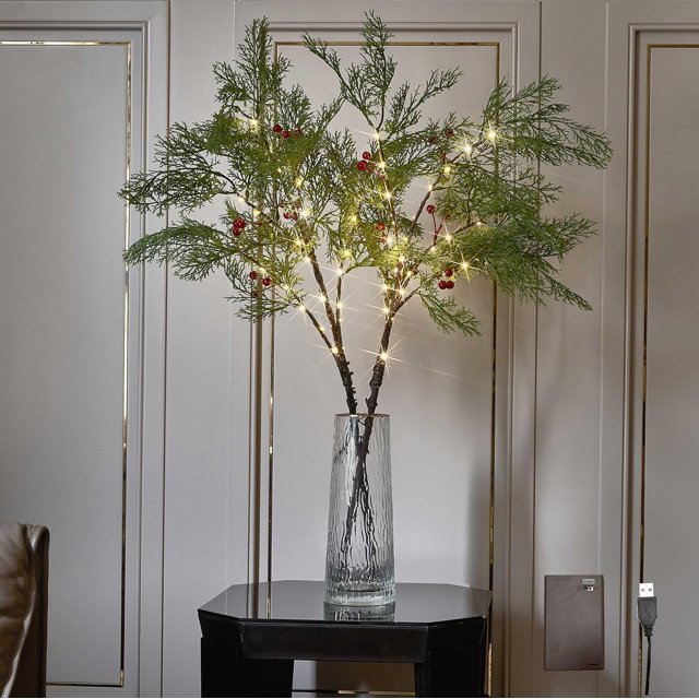 Lighted Cypress Red Berry Branches 32IN with 60 LED Fairy Lights