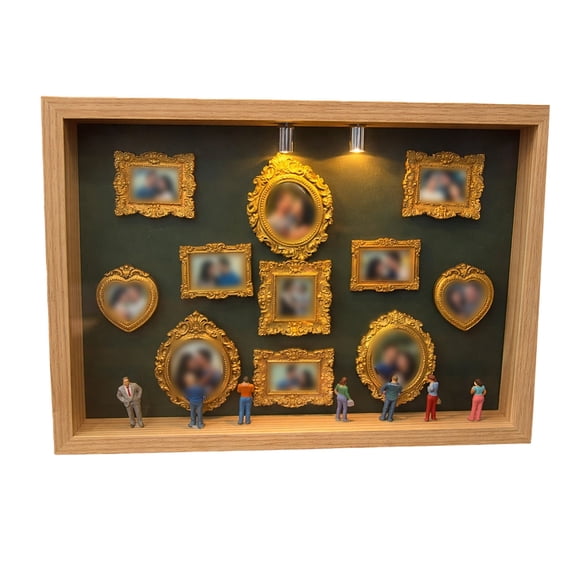 Lighted DIY Mini Museum Shadow Box Display Case with 11 Mini Gold Photo Frames & 8 Random Figurines Family Memory Keepsake Showcase for Home Decor Beige