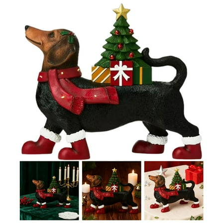 Lighted Dachshund with Tree Blow Mold Christmas Decoration,Black,Resin 9.84",Dachshund Decor Dog Figurines Gifts for Christmas Party Supplies Rearview Mirror Home