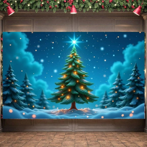 Lighted Design Christmas Banner Snowy Scene Xmas Banner Starry Background Green Pine Holiday Banner for Christmas Party Winter Holiday Family Gathering