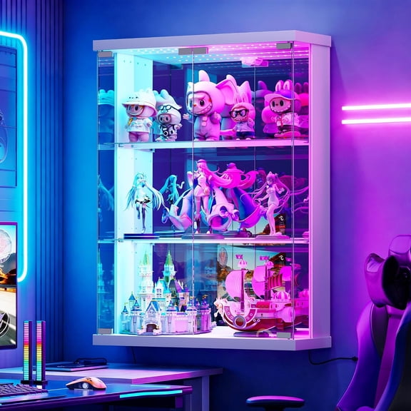 Lighted Display Cabinet with Sensor Wall-Mounted Glass Showcase with Adjustable Shelves, Tempered Glass Doors & Remote Control for Collectibles, Figures, Sports Cards (White)