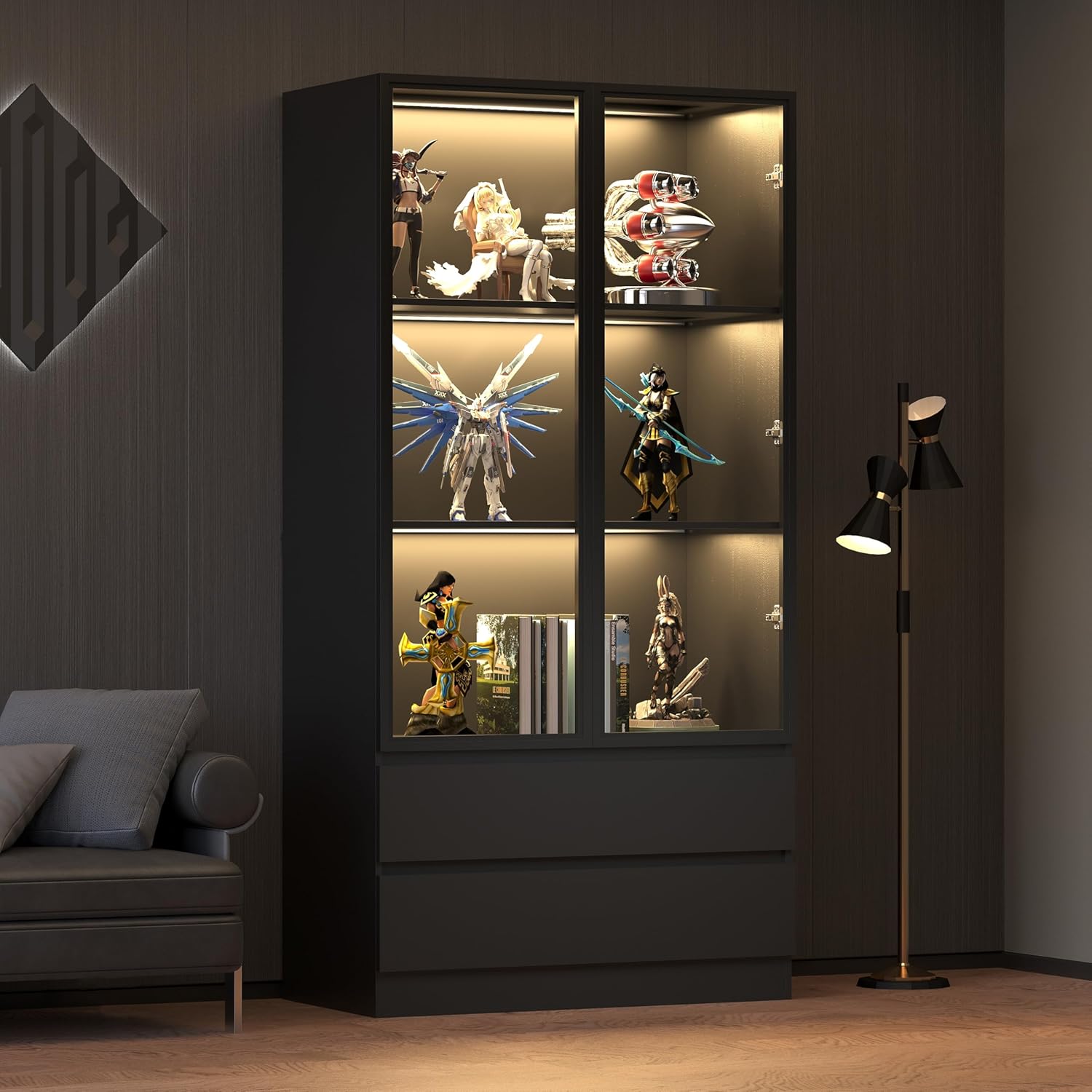 Terra Display Cabinet with Glass Doors & Lights - Black