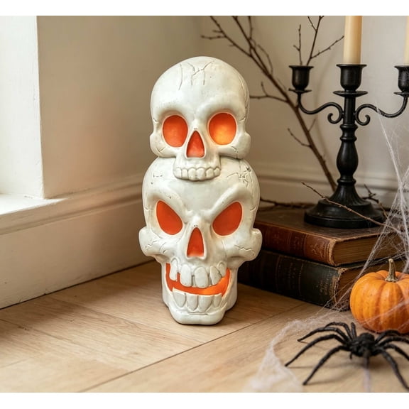 Lighted Double Stacked Skull Tabletop Ornament 7.87IN Halloween Decor LED Skeleton Decor for Mantel Window Sill Halloween Indoor Party Decoration